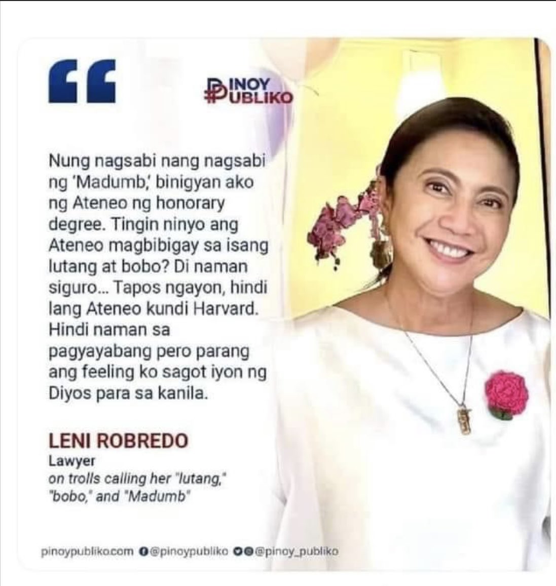 ilda_talk's tweet photo. Leni Robredo gives “Artificial Intelligence” a new meaning. It means it’s not true she is intelligent despite all the honorary degrees given to her by so-called top universities. In other words, hinde totoo na matalino sya! https://t.co/uobR1FTCzf