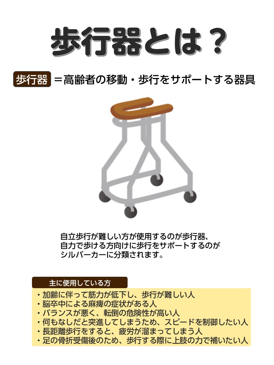 みんなの介護 歩行器って何 基礎から解説 介護保険 の福祉用具貸与サービスを活用すると 歩行器 をレンタルできます 歩行器とは 身体機能が衰えてきた高齢者の自立歩行をサポートする道具です 一例を紹介しますので 身体状況や環境 用途に