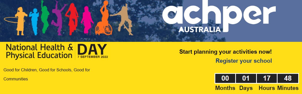 ACHPERinc's tweet image. Just 1 more day to go until National #HPEday2022. There is still time to register - head on over to hpeday.com.au - it&apos;s free! We can&apos;t wait to see how you celebrate! @TennisAustralia @ElastoplastAU @AusGovEducation