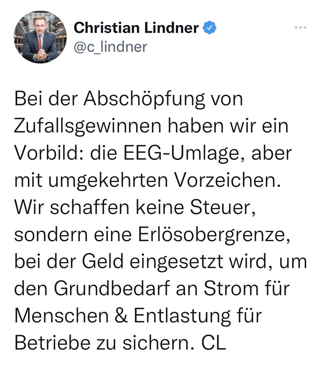„EEG-Umlage, aber mit umgekehrten Vorzeichen“ - 
<a href="/c_lindner/">Christian Lindner</a>, Meister des #Framing: Eine Maßnahme, von der noch niemand weiß, ob und wie sie funktioniert, positiv verkaufen und zugleich der #Energiewende/#EEG einen negativen Stempel aufdrücken.