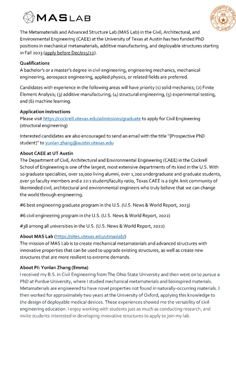mda524360's tweet photo. Two Fully funded PhD positions in Metamaterials and Advanced Structures Lab (https://t.co/Cm2vFgZ1qN) at UT-Austin Civil Architectural and Environmental Engineering (CAEE) starting in Spring 2023 or Fall 2023. https://t.co/LictK9XRoy https://t.co/bDtgK2fwLJ