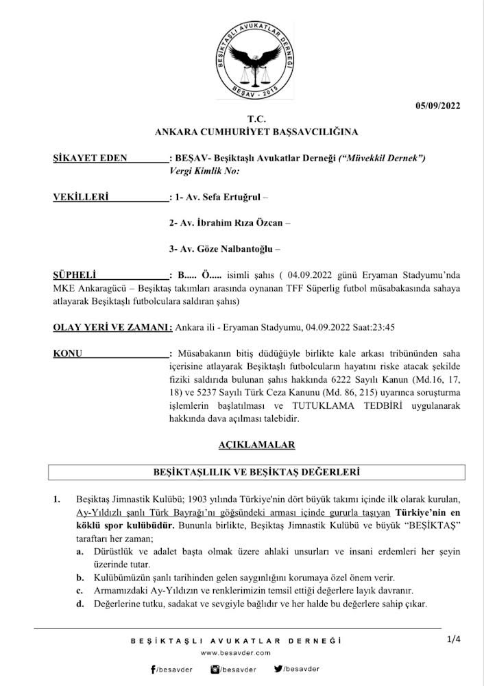 Beşiktaş futbolcularına saldıran şahıs hakkında Ankara Cumhuriyet Başsavcılığı nezdinde hukuki işlemler başlatılmaktadır. Ankara’daki üyelerimiz Av. Dağhan Ali Özel ve Av. Şenol Özel süreci yakından takip etmektedir. Suçu ve suçluyu öven paylaşımlar ayrıca takip edilmektedir.