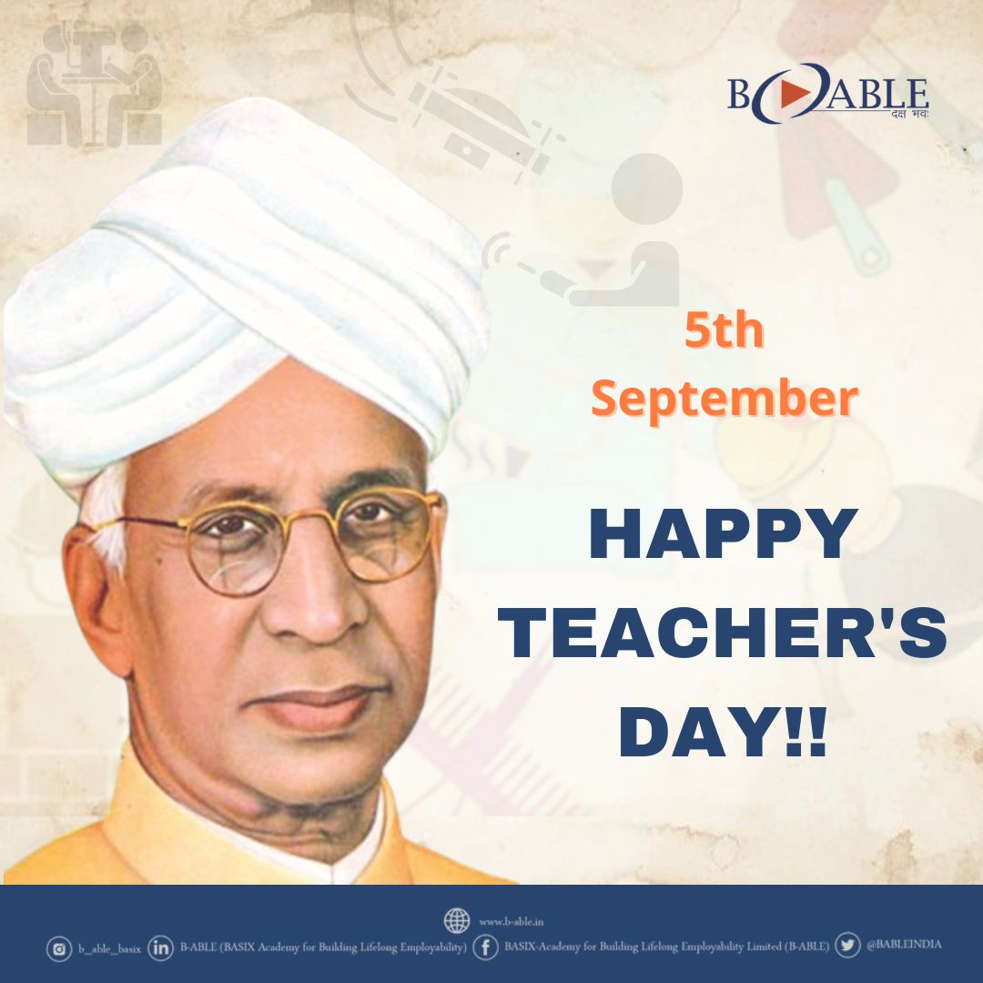 BABLEINDIA's tweet photo. At B-ABLE, we impart skills to the youth through the support of our trainers. Today is dedicated to all our trainers who endlessly contribute to build our country's future. B-ABLE wishes a Very Happy Teacher’s Day!
#teachersday #CSR #NSDC https://t.co/Dm7KQTGGdf