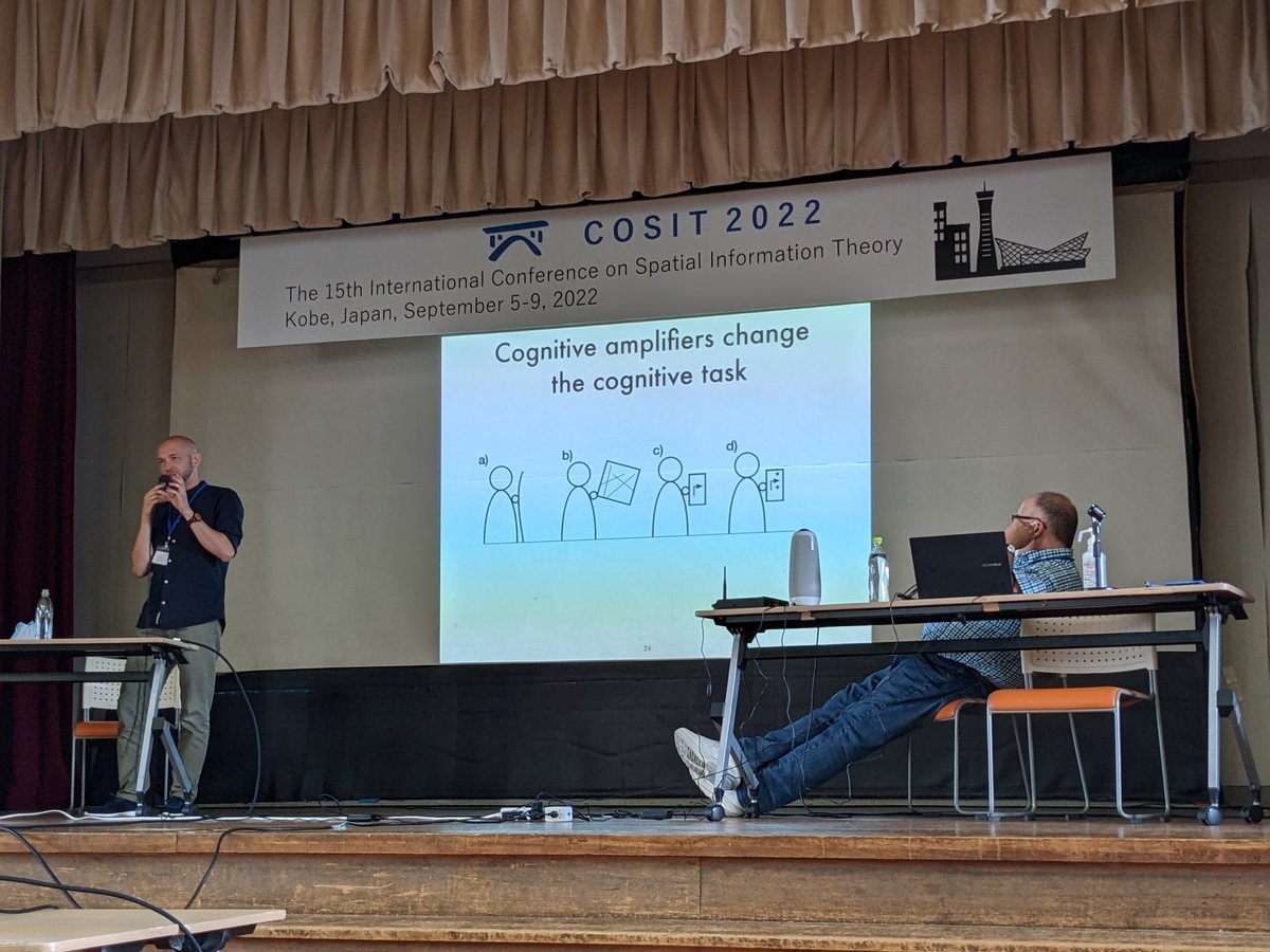 crysb's tweet photo. Super stimulating discussion and debate about wayfinding assistance tech as cognitive amplifiers by Jakub Krukar &amp; Angela Schwering at #cosit2022. https://t.co/jXsr3Ug8tq