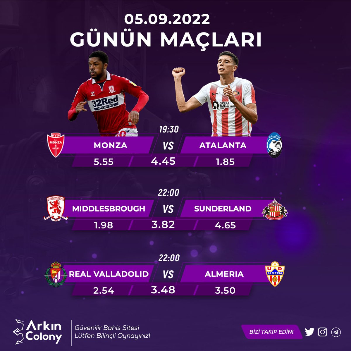 ArkColonyBet's tweet photo. 🎁#ARKINCOLONYBET'TEN ÇEVRİMSİZ %25 SPOR BONUSU!

⚽MONZA - ATALANTA
⚽MIDDLESBROUGH - SUNDERLAND
⚽REAL VALLADOLID - ALMERIA

🎁ÇEVRİMSİZ %20 YATIRIM %10 KAYIP BONUSU!

https://t.co/1PG6RH8KYX

#casino #bahis #futbol #canlicasino #iddaa https://t.co/15NQMzlHiR