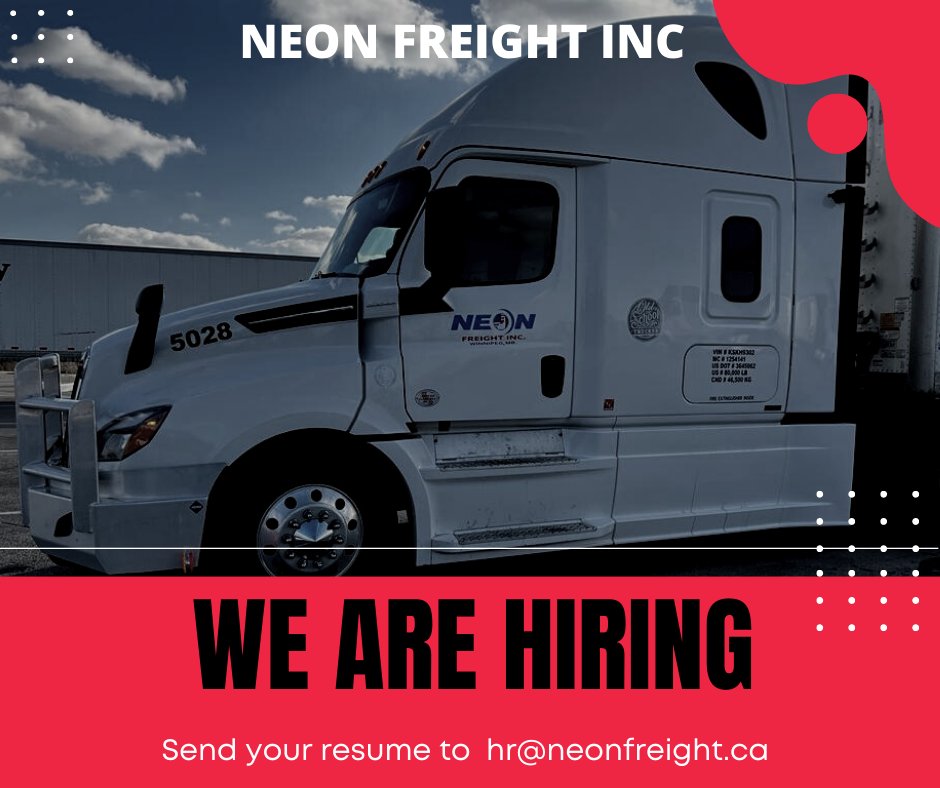 NeonFreightinc's tweet photo. Transportation Services in #Winnipeg #CANADA

We're Hiring #NeonFreight #Inc

#TruckDrivers
#Dispatchers
#Operations

Please share your CV at hr@neonfreight.ca or call us at +1 (204) 294-7164

#TruckingJobs #Canada #CanadaJobs #TruckingJobsCanada #WinnipegTruckers https://t.co/8Wfl9UYhY0