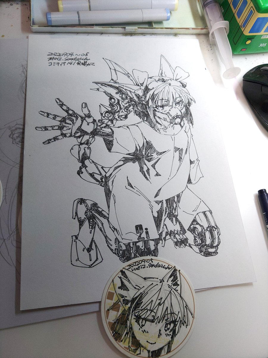 昨日コミティア会場で描いてた絵と、BOOTHのお客様用おまけコースター。 