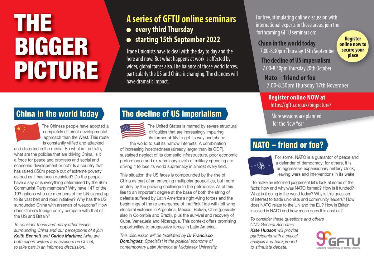 GFTU has launched The Bigger Picture: Autumn Series of Online Seminars! The first seminar will focus on China in the World Today and will take place on 15th September on Zoom from 7pm to 8.30pm. Find out more & register here: gftu.org.uk/bigpicture/