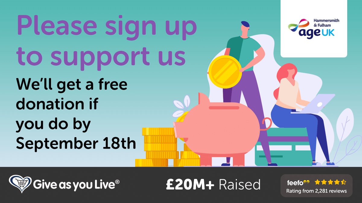 AgeUKHF's tweet photo. Help us for free! Sign up to Give as you Live Online and select us as your chosen charity by 18 September, and we'll receive a free donation from @giveasyoulive ! > https://t.co/t2nZYckLnc
#lovelaterlife #ageukhf https://t.co/gnY0DXpW6b