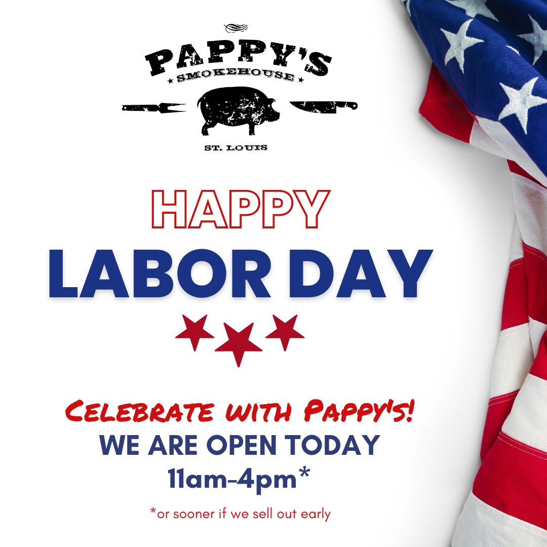 Happy Labor Day! 🇺🇸 We are OPEN TODAY and look forward to seein' y'all! 😎

#happylaborday #laborday #pappyssmokehouse #bbq #barbecue #stlouis #eatlocal #explorestlouis #stlouisgram #instabbq
