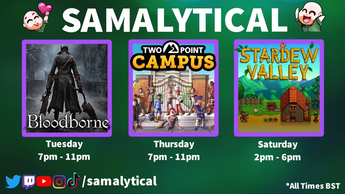 Samalytical's tweet photo. I swear I am still a variety streamer, I have other games planned...

🎑Tue 7pm BST
Ruining some sort of murder festival in Bloodborne

🏫Thu 7pm BST
Ruining Students Futures in Two Point Campus

🐖Sat 2pm BST
Ruining my own carefully laid out plans, probably, in Stardew Valley https://t.co/EqmdRYvKnA