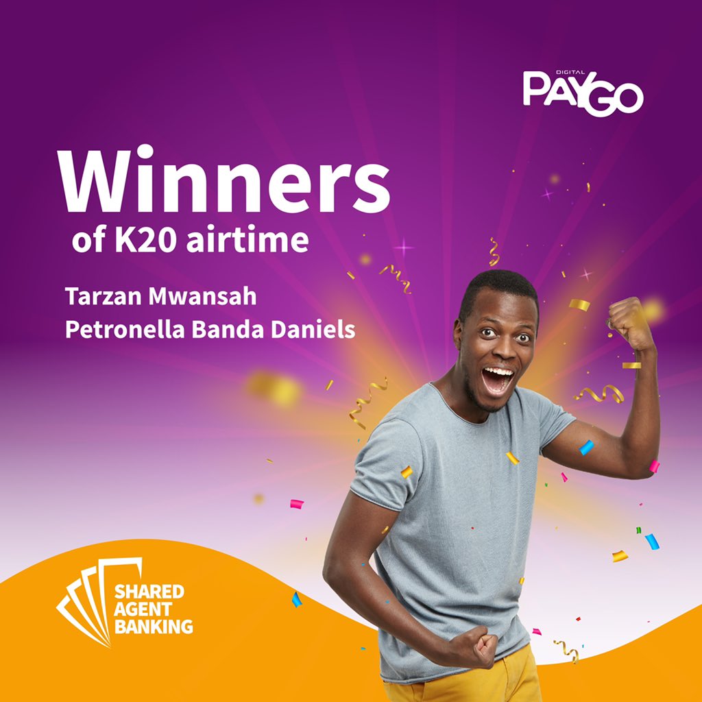 digitalpaygozm's tweet photo. 🏆🏆🏆A PayGo Congratulations to the following winners of last weeks K20 talktime competition!!!👏🏾👏🏾👏🏾

Winners:

@Petronella Banda Daniels 
@Tarzan Mwansah

Inbox your contact details and someone from our team will contact you.

#digitalpaygo #win #recharge #mobilemoney https://t.co/4RNugzNmhU
