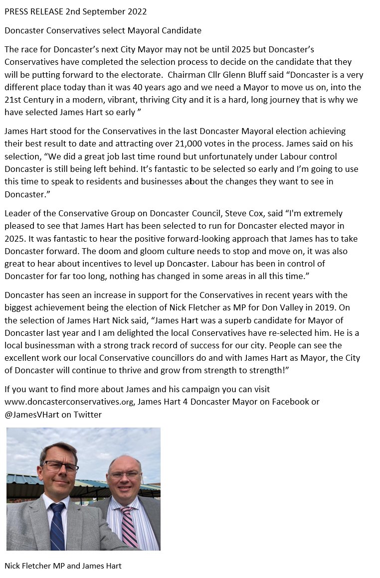 Delighted to have been selected to the Conservative Mayoral Candidate for Doncaster for 2025!!! @NickFletcherMP @JaneCox1973 @NicholasKAllen_ @BluffGlenn @FinningleyWard @BBCLookNorth @BBCSheffield @DonnyFreePress @yorkshirepost @itvcalendar