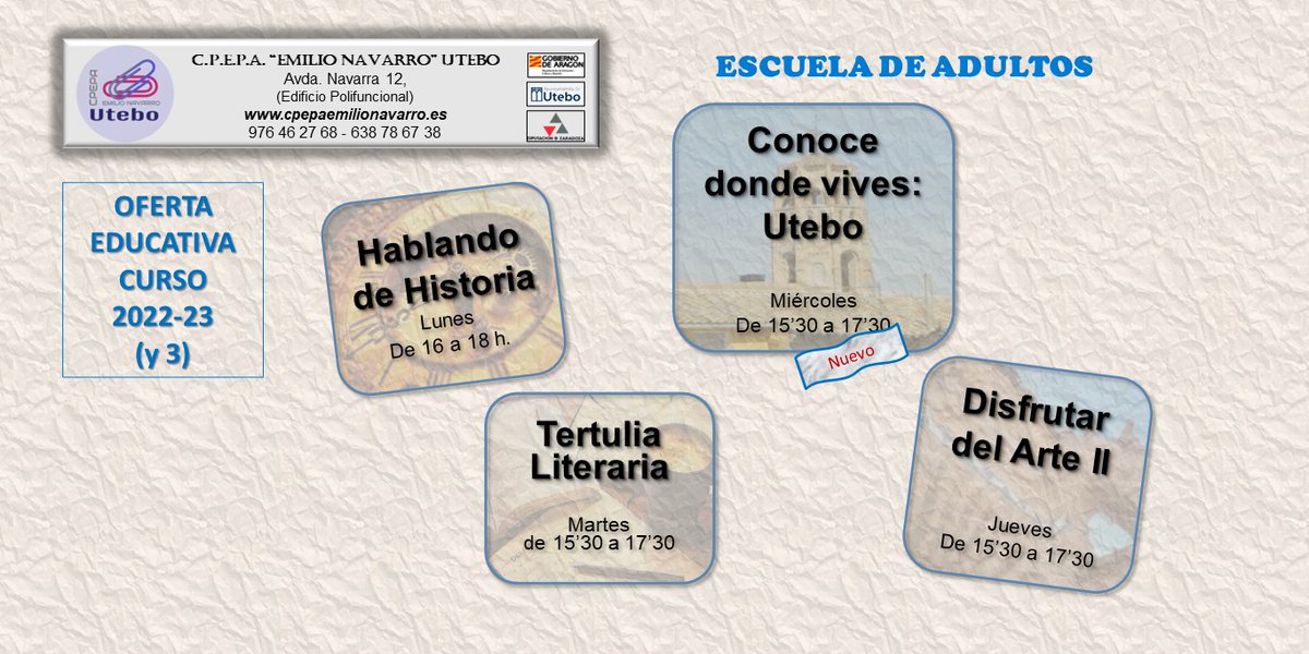 aulutebo's tweet photo. Horarios provisionales de los cursos ofertados en la Escuela de Adultos de #Utebo (2022-23). Por áreas (y 3)
@EPAAragon @AytoUtebo @cpepautebo @EmpleoUtebo @YoUtebo https://t.co/Y5KDofOZWW