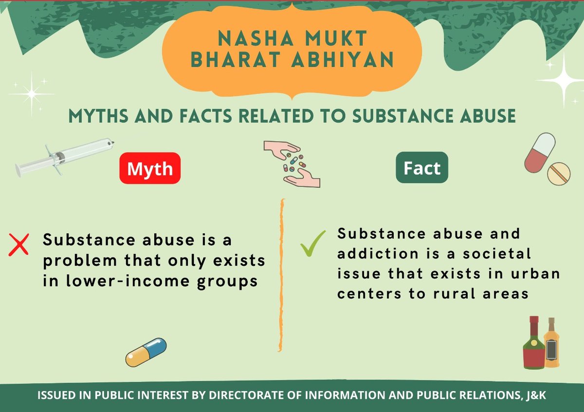 #NashaMuktBharatAbhiyan
"Spread facts and not myths"
Here is some Myths and Facts related to Substance Abuse
Let’s fight collectively and make our nation healthier
<a href="/NMBA_MSJE/">Nasha Mukt Bharat Abhiyaan</a>
<a href="/diprjk/">Information & PR, J&K</a> 
<a href="/ddnewsSrinagar/">DD NEWS SRINAGAR</a> 
<a href="/PIBSrinagar/">PIB in Jammu Kashmir & Ladakh</a> 
<a href="/MoHFW_INDIA/">Ministry of Health</a>