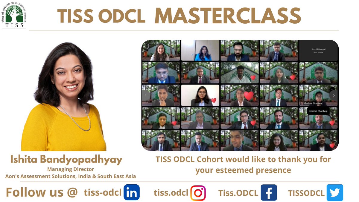 TISSODCL's tweet photo. TISS ODCL class of '24 had the privilege of learning from Ishita B, MD, Assessments Solutions, India &amp; South Asia at Aon. It was a very engaging  session where students got the opportunity to understand "Developing managers while transforming business."

#TISSODCL #Masterclass https://t.co/1wCry7g1iQ