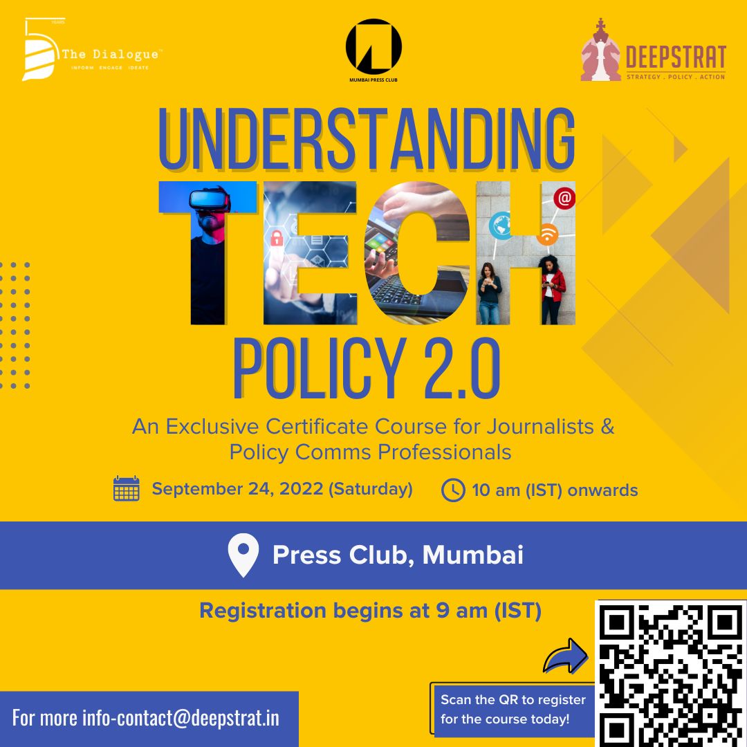 _DialogueIndia's tweet photo. 🚨#CourseAlert: Mumbai, we will be in your city to host an exclusive #certificatecourse for #journalists & #policycomms professionals!
Hosted by The Dialogue and @DeepStrat_LLP, the course will be held at #Mumbai’s Press Club on 24.09.22 from 10 am.
➡️ https://t.co/BDpumVIqpW https://t.co/loMvw0FY3f