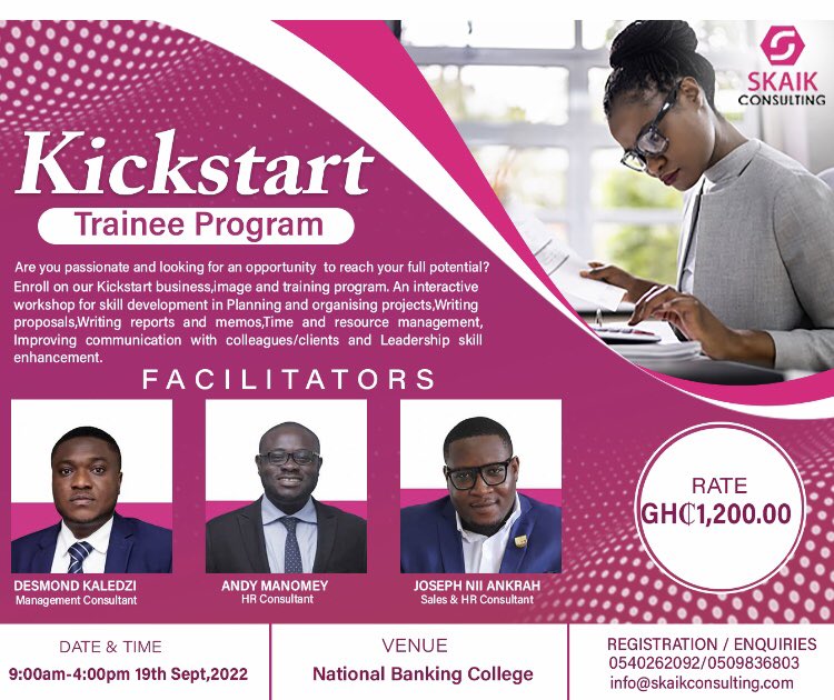 skaikgroup's tweet photo. Read more about the Kickstart Trainee Program on our website via https://t.co/BgywH0I3du and register your interest via https://t.co/OvB8LtBb8B. For more inquiries about the program call + 233 540262092.
#graduatetraineeprogram
#personalassistants
#salesexecutive #entryroles. https://t.co/qgP6RuMTyU