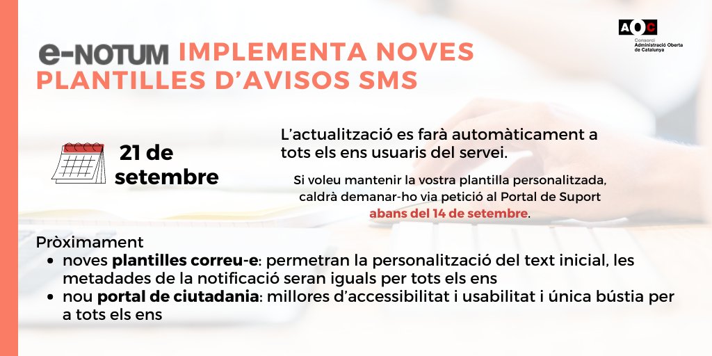 Suport_AOC's tweet photo. #eNOTUM implementa noves plantilles d’avisos SMS. L’actualització es farà automàticament a tots els ens
🗓️21 de setembre
❗️Si algun ens vol mantenir la seva plantilla, cal demanar-ho via petició de Suport abans del 14 de setembre.
https://t.co/m1pfM5GlTJ https://t.co/AE3XPglnEf