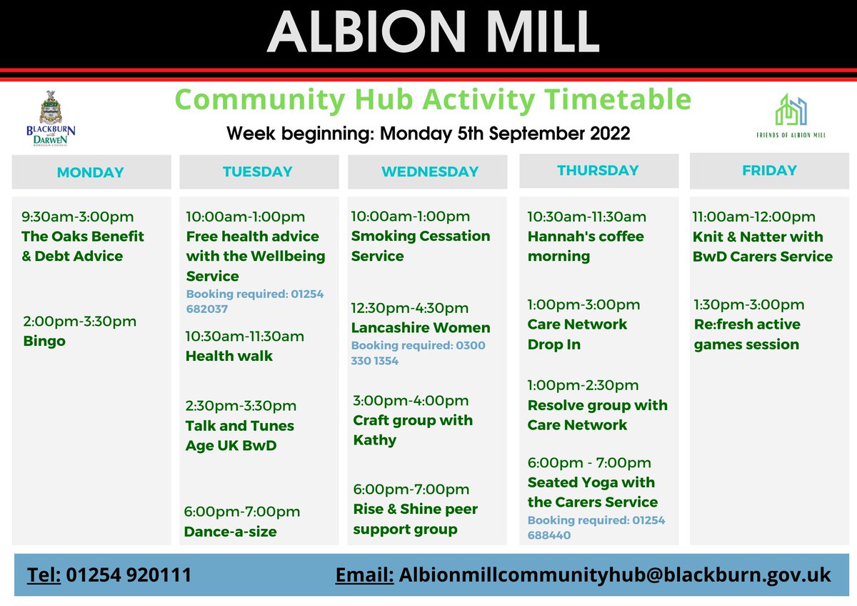 AlbionMillCH's tweet photo. Take a look at our timetable for this week! We have a couple of new activities starting &amp; Les' Dance-a-size class returns tomorrow night at 6pm! We hope to see you there!

#albionmill #healthandwellbeing #communityactivities https://t.co/4xEWGszHBr