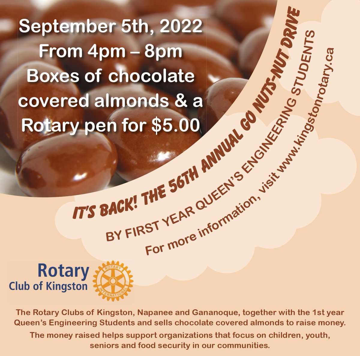 KWRotaryClub's tweet photo. The 56th Annual #Rotary Go Nuts Nut Drive is happening this Monday, September 5th!

When we come to your door tonight, please consider supporting this fundraiser that supports children, youth, seniors and food security in our community. #ygk ❤️ https://t.co/WyRyssAqzB