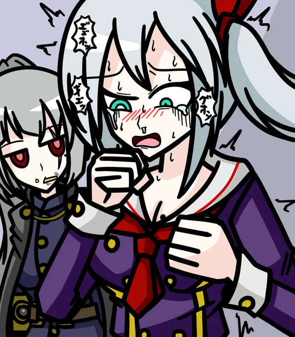 思いついたので描きました。芋をひたすら食べさせられてたらめっちゃいいとこに入ってしまって咳が止まらない ツチノ子ちゃんと気付いてるけど芋の咀嚼に忙しい ヤマケェルちゃんです 