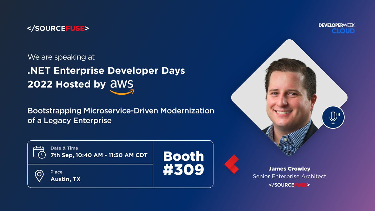 SourceFuse's tweet photo. 2  DAYS TO GO! Learn all about bootstrapping microservice-driven #Modernization of a legacy #Enterprise in less than an hour with Senior Enterprise Architect, James Crowley, SourceFuse: https://t.co/2mPEiwRwsw
#Sponsors #AWS #DevWeekATX @AWS_Partners @awscloud @DeveloperWeek https://t.co/7EjJDZfVfw