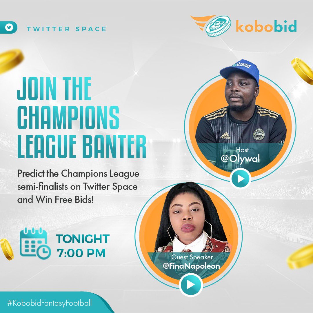 Chidubem_OH's tweet photo. Happy to watch Bayern this Wednesday as champions league is back! 🙄 hopefully they better beat inter 😒

Predict the champions league semi finalists on @kobobid Twitter space tonight 7pm to win cool prizes. Don’t snooze o 👇🏾
https://t.co/4RsgJkHFel https://t.co/o2gKdjlY7u