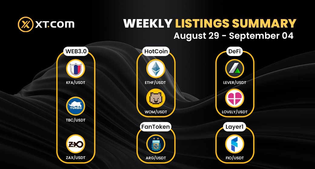 #XTexchange Launch List Review 🚀

✅ KFA/USDT 
✅ TBC/USDT 
✅ ZAX/USDT 
✅ WOM/USDT 
✅ ETHF/USDT 
✅ ARG/USDT 
✅ LEVER/USDT 
✅ LOVELY/USDT
✅ FIO/USDT 

Trade them on XT.com:
xt.com/tradePro/xt_us…