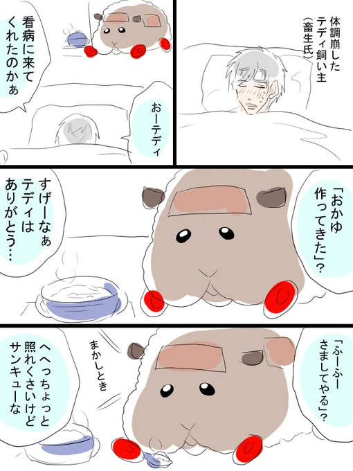 少しばかりモルカー漫画描きました。若干体調不良につき、テディに看病されたい妄想で乗り切ろうと思います。いつもより話にキレがなかったらすみません。 