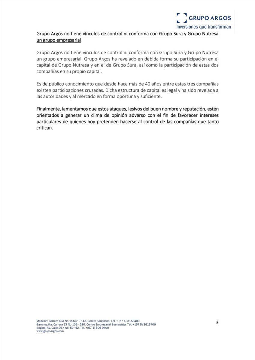 Comunicado de Grupo Argos a la opinión pública