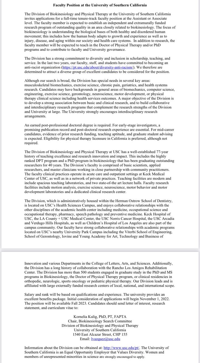 The Division of Biokinesiology and Physical Therapy at the University of Southern California is hiring a tenure-track faculty position at the Assistant or Associate level.

Details 👇

<a href="/AmSocBiomech/">American Society of Biomechanics</a> <a href="/BlackBiomechs/">BlackBiomechanists</a> <a href="/LatinxBiomech/">Latinx In Biomechanix</a> <a href="/IntWomenBiomech/">International Women in Biomechanics</a> <a href="/ASBPostdocs/">ASB Postdoc Affinity Group</a>