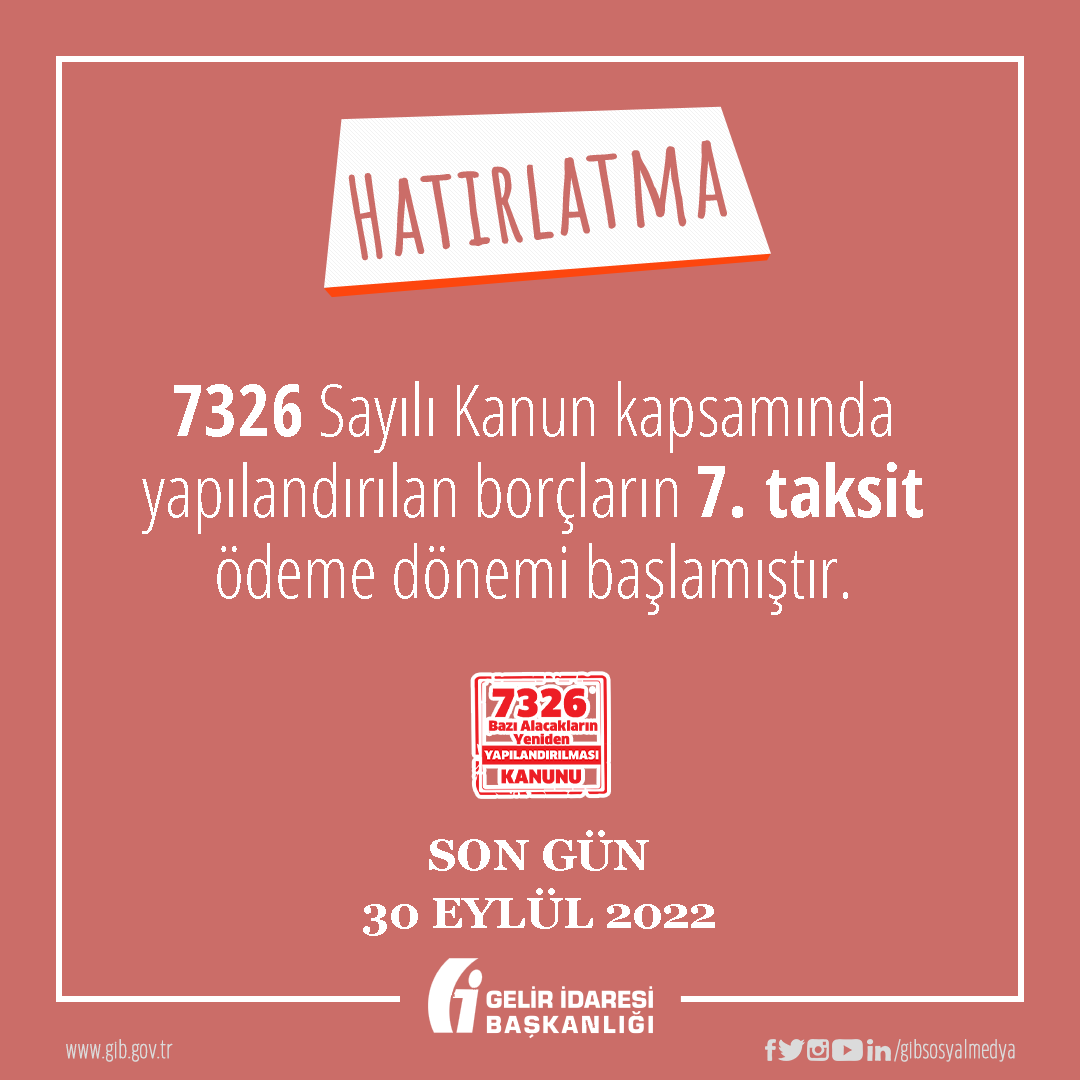 gibsosyalmedya's tweet photo. #Hatırlatma📌

#7326SayılıYapılandırmaKanunu 
#GİB 

https://t.co/WWEptUETIQ https://t.co/toZodr6rTK
