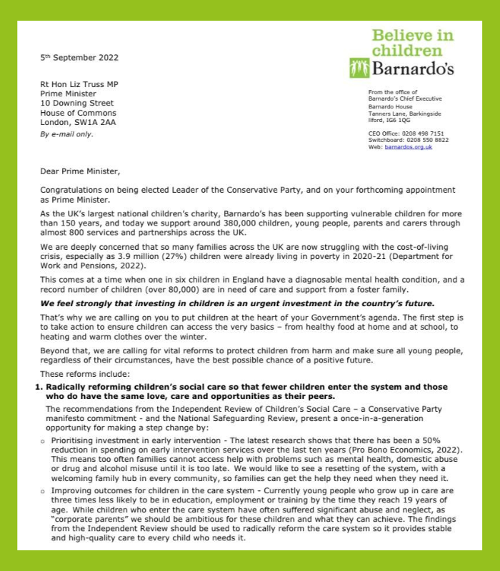 barnardos's tweet photo. 3.9 million children living in poverty. 
1 in 6 children with a mental health condition. 
Over 100,000 children in care. 

We’re urging the #NewPrimeMinister, @trussliz, to put children at the heart of her Government. 

Here’s exactly what we're asking for 👇 ✉️ https://t.co/Zk1TDFugTG