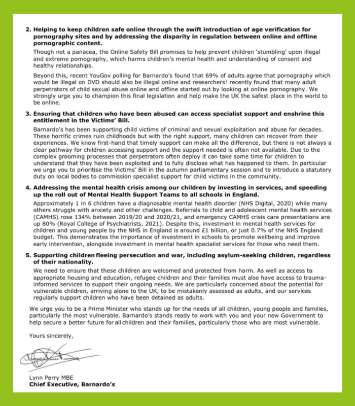 barnardos's tweet photo. 3.9 million children living in poverty. 
1 in 6 children with a mental health condition. 
Over 100,000 children in care. 

We’re urging the #NewPrimeMinister, @trussliz, to put children at the heart of her Government. 

Here’s exactly what we're asking for 👇 ✉️ https://t.co/Zk1TDFugTG