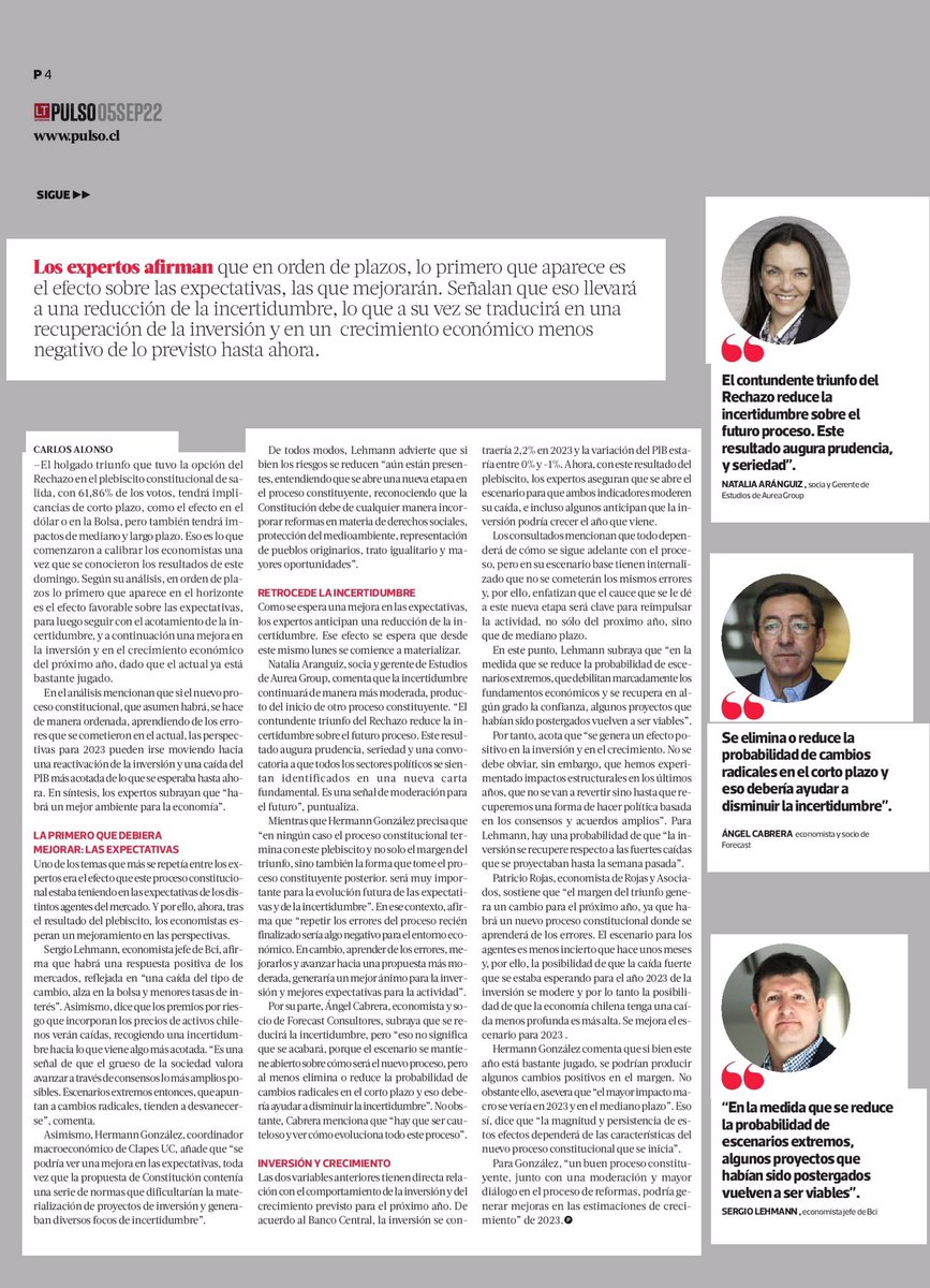 ClapesUC's tweet photo. [NOTA @latercera] “Economistas: amplio triunfo del Rechazo reduce la incertidumbre y mejora perspectivas para la inversión y el PIB del próximo año” donde nuestro investigador, @hegonzalb indica cómo se podría mejorar las estimaciones de crecimiento en el proceso de reformas https://t.co/FPz34YBDza