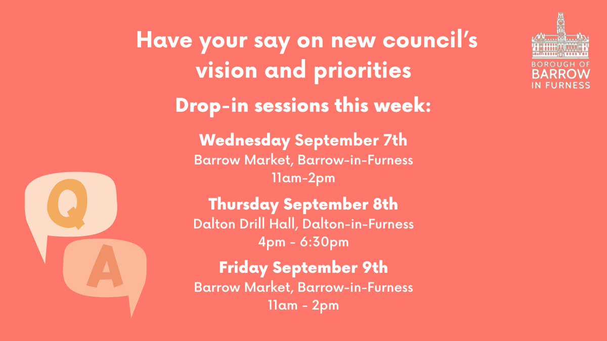 Have your say 📢
Come along to the following drop-in sessions this week to share your views on the new council's vision and priorities.
There will be further drop-in sessions taking place next week if you're unable to attend these dates.