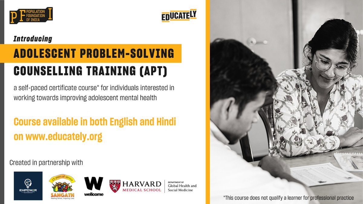 We are elated to announce the launch of a new self-paced course for individuals interested in working towards improving adolescent mental health - Adolescent Problem-Solving Counselling Training (APT).

You can access the course here: bit.ly/3CZjIpU

<a href="/SangathIndia/">Sangath</a>