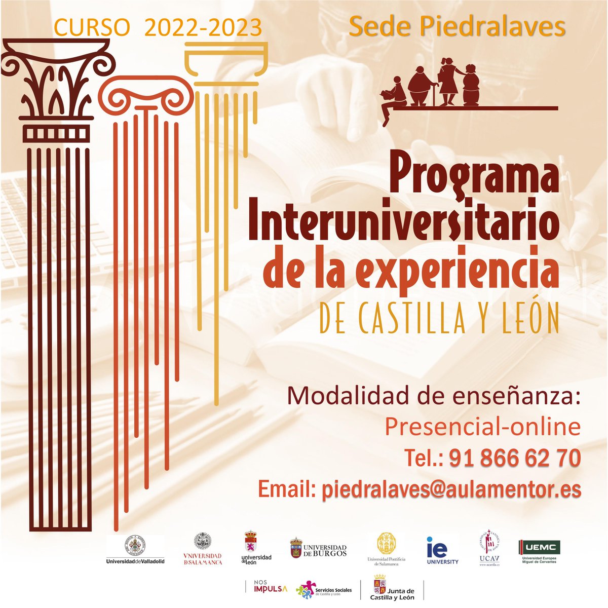Abierto plazo de matriculación en el PROGRAMA INTERUNIVERSITARIO DE LA EXPERIENCIA, CURSO 2022-2023.
Dirigido a mayores de 50 años, sin requisitos académicos previos. Clases martes y jueves a las 17 horas con una duración de 45 minutos.