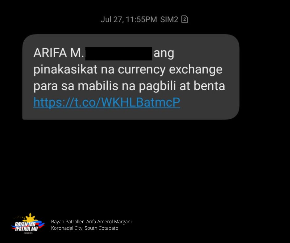 bayanmo's tweet photo. Kumakalat na #TextSpam ngayon, may kasama nang pangalan. Isa si Bayan Patroller Arifa Amerol Margani sa mga nabiktima ng personalized scam na ito at napapaisip siya kung saang online transaction maaring nakuha ang kanyang impormasyon.
Basahin: https://t.co/9DHWhysWPd
#BMPM https://t.co/cY75noy2d6