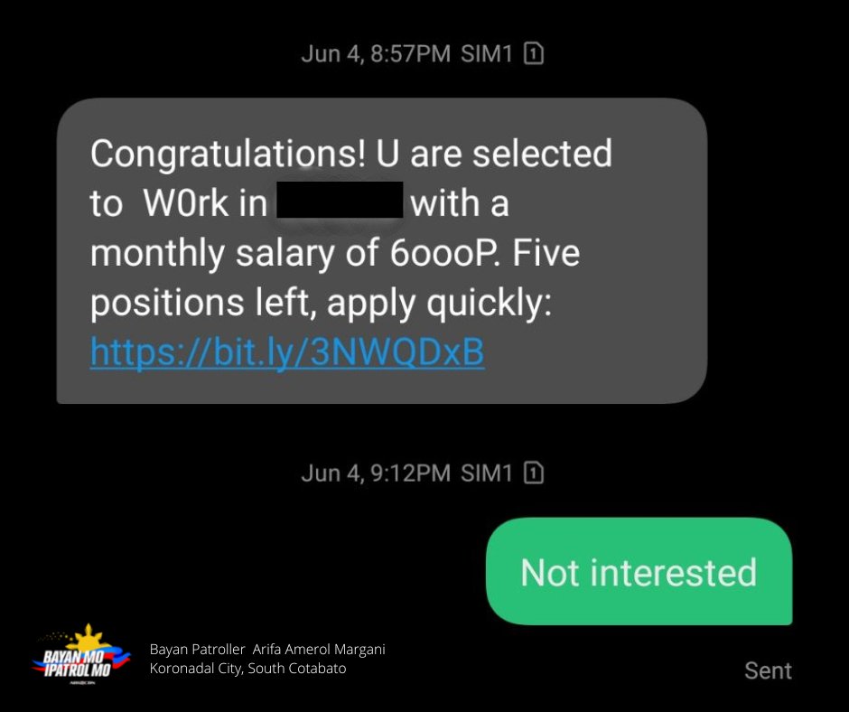 bayanmo's tweet photo. Kumakalat na #TextSpam ngayon, may kasama nang pangalan. Isa si Bayan Patroller Arifa Amerol Margani sa mga nabiktima ng personalized scam na ito at napapaisip siya kung saang online transaction maaring nakuha ang kanyang impormasyon.
Basahin: https://t.co/9DHWhysWPd
#BMPM https://t.co/cY75noy2d6