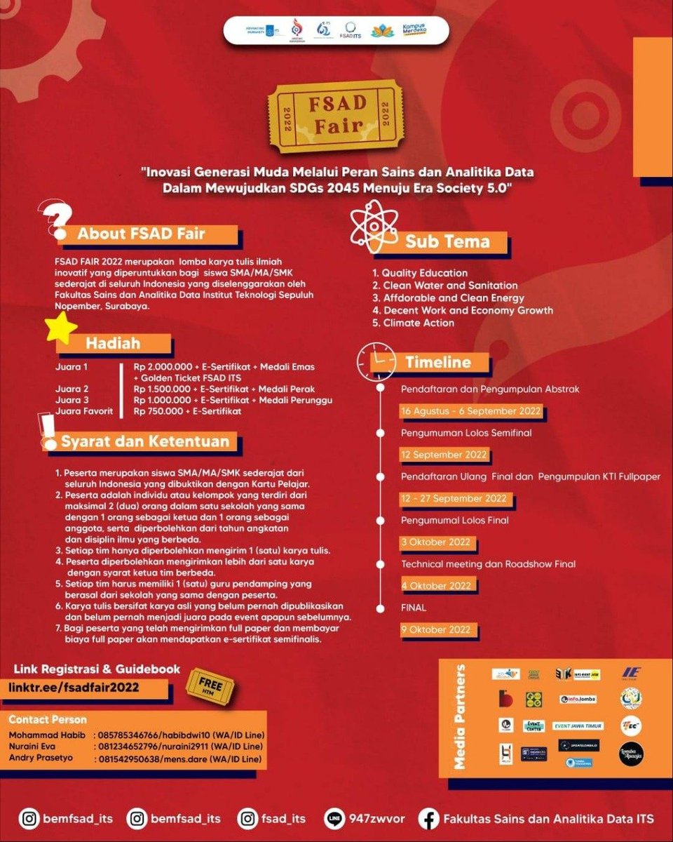 its_campus's tweet photo. ๐๏ธLink Registrasi dan Buku Panduan (Guidebook):
https://t.co/qJeqPszciS
Pendaftaran: 16 Agustus - 6 September 2022
Yuk segera daftarkan diri kalian !!!!๐ซโจ
Instagram: @/fsadfair.its @/bemfsad_its
#Lombakaryatulisilmiah
#BEMFSADITS
#ITSSURABAYA
#COMINGSOON https://t.co/9wiC44FaMQ