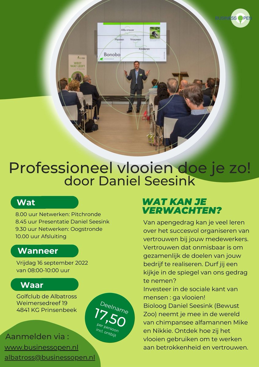 Wat voor leider ben jij?

Onze managementstijlen kennen overeenkomsten met apengedrag. Ben jij een Gorilla, Chimpansee of Bonobo?

Nieuwsgierig? 

Aanmelden: businessopen.nl/agenda/eveneme…

#Netwerken #Golf #HRM #humancapitaltrends