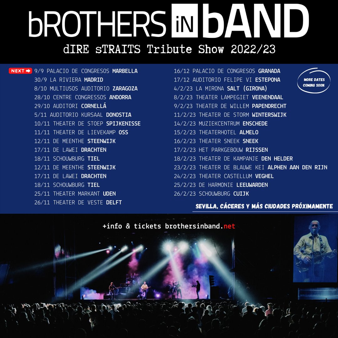 bROTHERSiNbAND2's tweet photo. Telegraph Road got so deep and so wide... 
On #Tour 📡 New dates coming soon 📡 Next Stop: #Marbella +info https://t.co/7PmY9PhjSp

 #telegraphroad #brothersinband #direstraits #direstraitstribute #knopfler #markknopfler @DireStraits77 // @inoutprod @Grupo_Mundo @ManuelPuentesRu https://t.co/h3HM2B2vlM