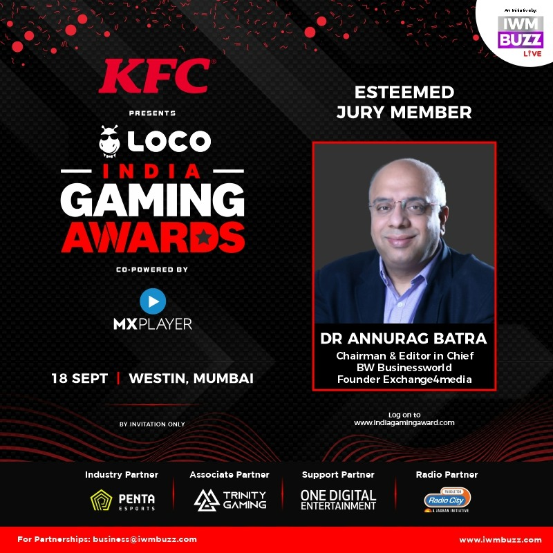 iwmbuzz's tweet photo. Welcome @anuragbatrayo as an esteemed jury member at India Gaming Awards
@KFC_India Presents @GetLocoNow India Gaming Awards

@MXPlayer

@pentaesports

#trinitygaming

@OneDigitalEnt

@radiocityindia https://t.co/56js0xj7ip