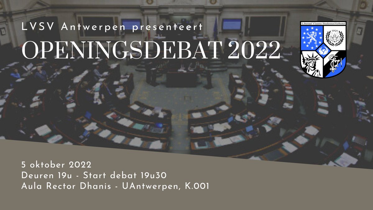 LVSVAntwerpen's tweet photo. Op 5 oktober 2022 vindt ons Openingsdebat plaats!

We nodigen wederom partijkopstukken uit om de meest actuele thema's te bespreken. 

Inschrijven is gratis maar verplicht en kan via de link in onze bio, alsook via https://t.co/ZBxtFOQzBG

Tot dan! https://t.co/tPbphTdlp0
