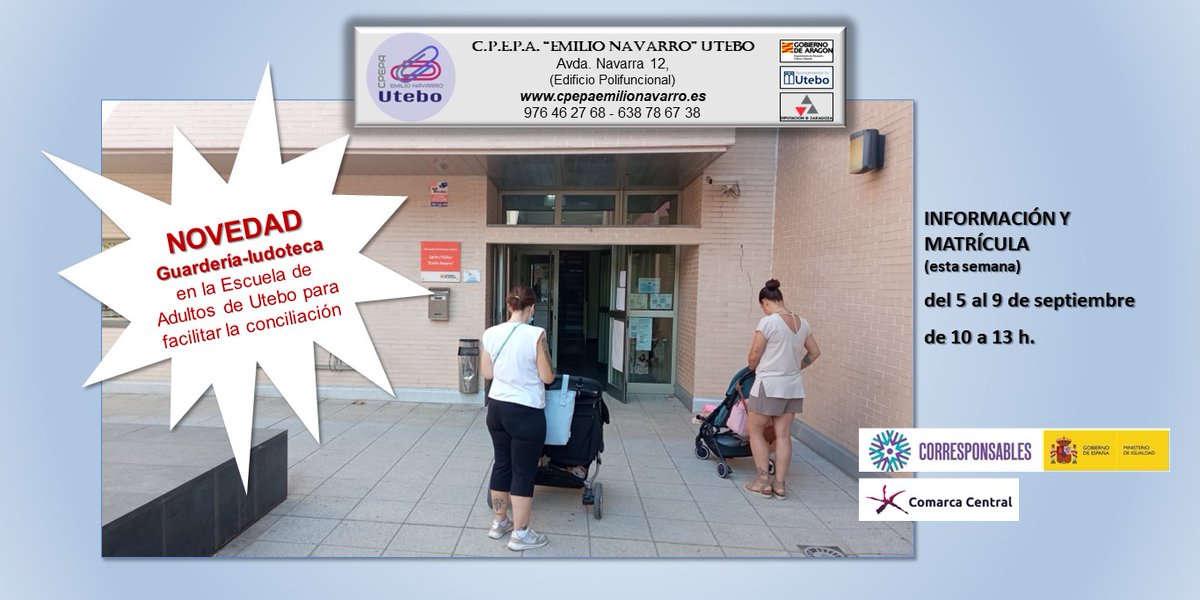 aulutebo's tweet photo. En este curso, la Escuela de Adultos de #Utebo contará con un nuevo servicio de #guardería-ludoteca. 
Es producto del desarrollo del Plan Corresponsables de la Comarca Central y es pionero en Aragón.
@EPAAragon @AytoUtebo @cpepautebo @EmpleoUtebo @YoUtebo https://t.co/iu9Odayl3D