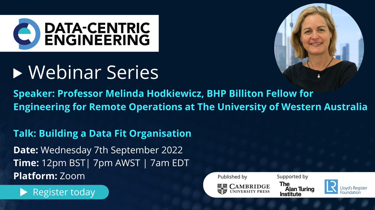 DCE_Journal's tweet photo. Webinar - Building a Data Fit Organisation
Prof Melinda Hodkiewicz, BHP Fellow for Engineering for Remote Operations, @UWAnews
This Wednesday - register now! Registration closes at 5:00pm UK time on Tuesday
β https://t.co/NVM0TCuFJt
#DataScience #DataFit #AI #DCEwebinar https://t.co/YsnyhE1qJN