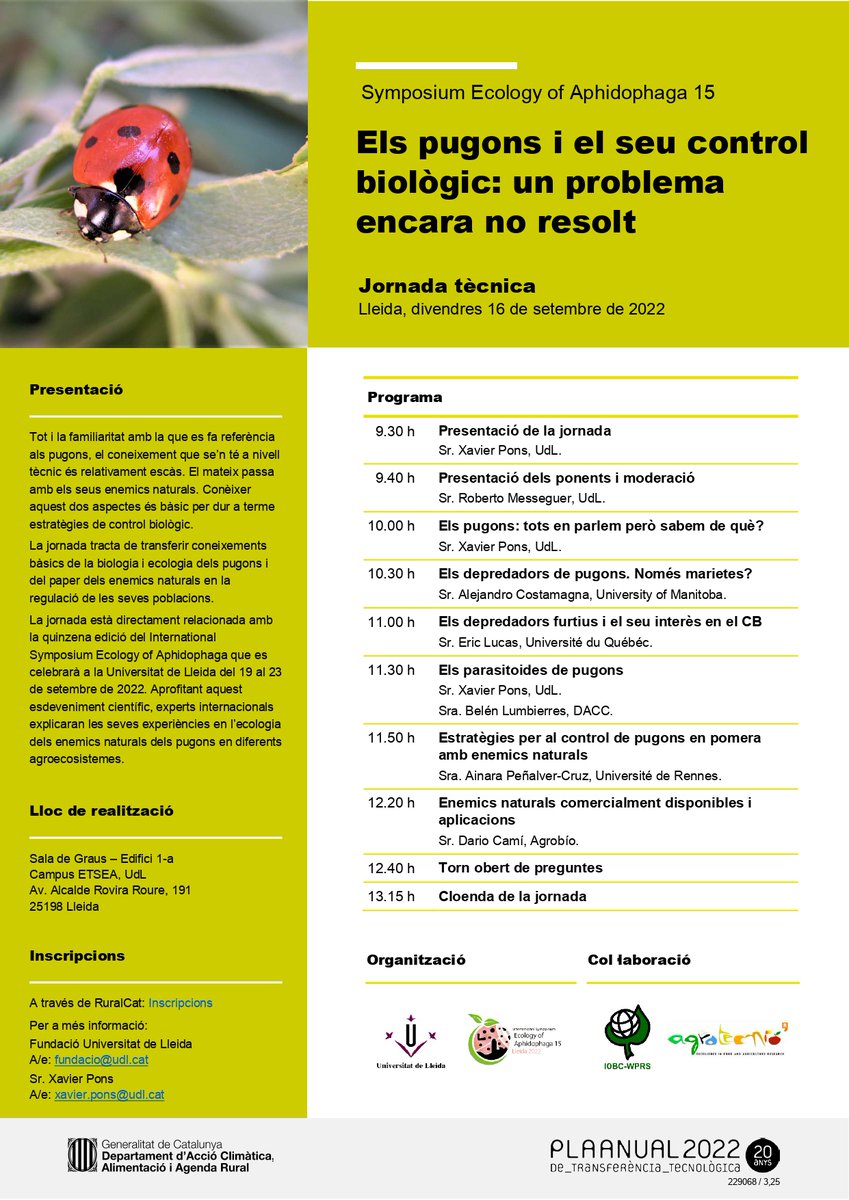 Agrotecnio's tweet photo. 🐞🌿 JORNADA TÈCNICA I Els #pugons i el seu control biològic: un problema encara no resolt
🗓️ 16/09 a les 9:30 h
📍 Sala de Graus @ETSEA_UdL
➡️ Inscripcions: https://t.co/76NOE7rZJr https://t.co/IobfE7TTnO
