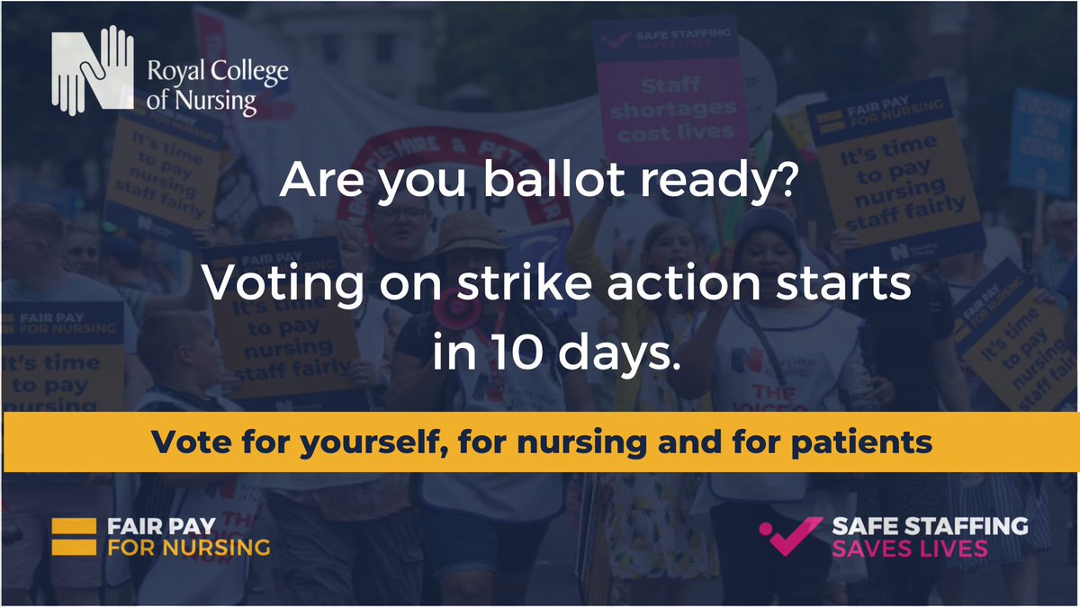 theRCN's tweet photo. Today a new PM faces:
> record high nurse vacancies
> 64% public support for nurses striking
> 300,000 RCN members being asked if they want to strike in 10 days

While she figures out what’s next, be ready to vote - update your details: https://t.co/8LWX0wVZrk #FairPayForNursing https://t.co/jmzAHabAxl